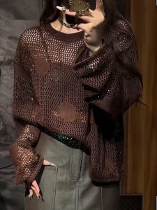 SUOXIMENG | Large Size Coffee Knitted Hollow Out Round Neck Top Womens Fashion Trend Vintage Style Summer New Arrival Elegant Atmosphere