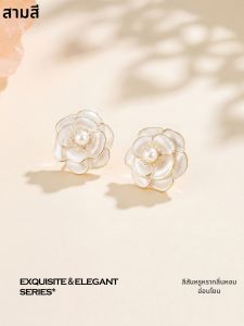 3COLOUR·S | Enameled Camellia Petals Pearl Earrings Sterling Silver Pin