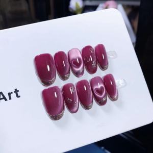 Handmade High Quality Short Wearable Nail Art Butterfly Knot Design Love Cat Eye Hand Painted False Nails Gentle Color Series