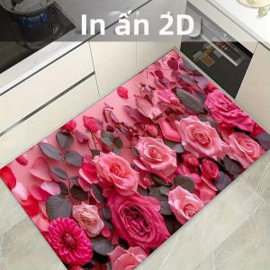 VIKAMA Ngày Lễ Tình Nhân Hoa Hồng Màu Hồng Thảm Chùi Chân 2D Phong Cách Hiện Đại Thảm Polyester Cho Nhà Bếp Phòng Khách Phòng Ngủ Nhà Dán Keo Bảo Vệ Chống Phai Màu