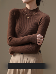 Miiow | Womens Slim Fit Wool Base Shirt Half High Collar Knitted Sweater Inner Wear Coffee Color New 2024 Autumn Winter Fashion