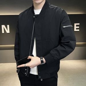 ROMON | Lormen Mens Jacket Coat Spring Autumn Baseball Collar Flight Suit Trendy Short Windproof Fleece Lined Zipper Closure Fashionable Outerwear