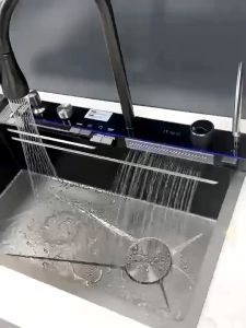 Sink 304 stainless steel LED water temperature display double flying rain waterfall nano millet embossed honeycomb multi-function workstation kitchen sink