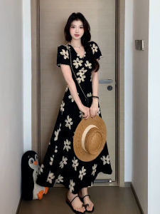 Homecore | Elegant French Style Black Floral Print Dress Women Summer Beautiful Ladylike Long A-Line Skirt High Waist Short Sleeve V-Neck