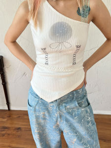 Irregular Design Color Block Print Lace Edge Waist Cinching Slimming Versatile Fashionable Womens Camisole Underwear Strap Top