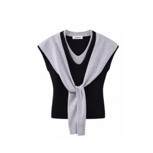 YUEZHONGWEI | Bộ đồ hai mảnh màu xanh lam mùa hè 2025 Dopaamine Knitted Short Sleeve Top Shoulder Wrap Set Phong cách công sở Hàn Quốc