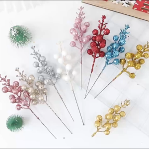 【Happy Time】5pcs Red Glitter Artificial Berry Branches Christmas Stems Holiday Picks for Xmas Tree Wreath Garland Table Centerpiece Home Decoration Durable Reusable Sparkling Ornaments