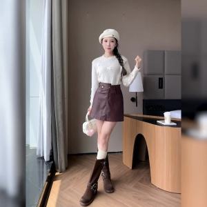 AMMIN 2024 Autumn New irregular waist head button high waist A-frame anti-slip skirt woman Korean version style fashion Pu elegant skirt
