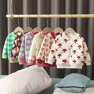1-7T Children Long Sleeved Jacket Fur Padded Cute Girls Coat Kids Autumn Sweet Cherry Checkered Pattern Warm Cardigan Outwear