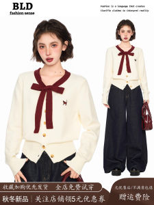 Ladies Butterfly Knot V-neck Knitted Sweater Spring Autumn Inner Wear Base Shirt Fake Two-Piece Korean Style Loose Fit Cardigan