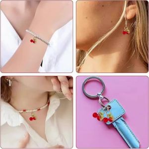 QIAO | 10 Chiếc Mặt Dây Chuyền Hình Quả Anh Đào Đỏ Bằng Kính Có Móc Khóa Dùng Làm Trang Sức Tự Làm Phụ Kiện Dễ Thương Cho Vòng Tay Dây Chuyền Hoa Tai