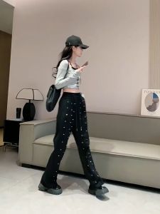 กางเกงขายาวทรงตรงเอวสูง กางเกงขากว้างผู้หญิงฤดูร้อน กางเกงขายาวทรงสูงและทรงสลิม