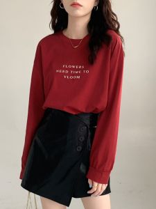 Loose Long Sleeve round Neck Cotton T-Shirt Womens Inner Wear Base Shirt Red Korean Style Top for Autumn New Arrival