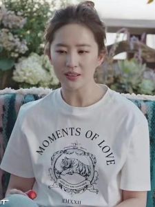 Summer New Womens White Short Sleeve T-shirt Liu Yifei Tiger Cartoon Print Casual Loose Fit Cotton Blend round Neck Top