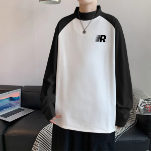 American Raglan Contrast Color Long Sleeves Bottoming Shirt Men Winter Loose Velvet Thickened Inner Wear Outer Wear Thermal Top