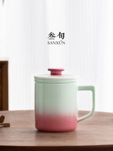 Chinese Ceramics Tea Cup with Lid Office Use Red Glaze Porcelain Tea Water Separation Mugs Handmade Crafted Small Fresh Style