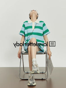 Stylish Polo Collar Blue Striped Dress Casual Straight Cut Summer New Beautiful Dress Commute Style Button Detail Regular Thickness