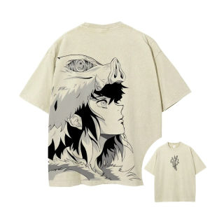 Bandai | Demon Slayer Mens Womens Washed T-Shirt Inosuke Hashibira Summer Spring Anime Tee Retro Distressed High Quality Short Sleeve