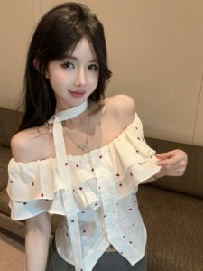 GUZILIAN | เสื้อเชิ้ตผู้หญิงคอวีแขนสั้นลายจุด ทรงเข้ารูป สไตล์เกาหลี แขนกุด ความยาวปกติ ทรงเข้ารูป ฤดูร้อน 2025 เสื้อเชิ้ตคอวีเอวสูง