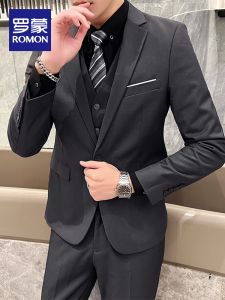 Romon Mens Casual Three-Piece Suit Set Business Professional Wedding Dress Spring Autumn New Style Standard Fit Polyester Blend