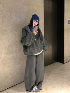 Loose Retro Wide Leg Casual Sportswear Set Womens New Korean Style Slimming Anti-Aging Hoodie Sweatpants Two Piece Set