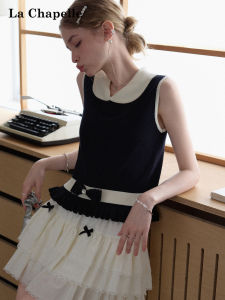 La Chapelle | Sleeveless Knitted Peter Pan Collar Contrast Color Bow Decoration Blouse