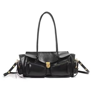 Y2K Style Large Bowling Bag Chic Boston Handbag Solid Color Motorcycle Crossbody Shoulder Bag Womens Vintage Underarm Bag