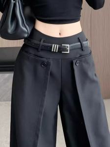 Black High-Waist Flared Suit Pants Womens Autumn High-End Drapey Loose Floor-Length Pants Fake Two-Piece Wide Leg Pants