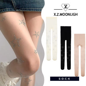 X.z.moonligh Cewek Seksi ถุงน่องประดับเพชรร้อนดาวห้าแฉกแบบบางสำหรับฤดูใบไม้ผลิและฤดูร้อน Jk Loli ลายถุงเท้าแบบสั้นเซ็กซี่