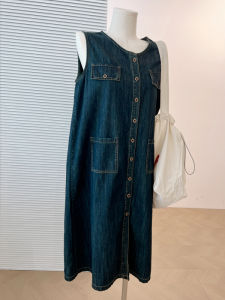 ชุดเดรสแขนกุดสีน้ำเงินเข้มสไตล์เกาหลี ทรงหลวม แขนกุด คอวี กระโปรงทรงเอ สำหรับผู้หญิง ชุดเดรสฤดูร้อน 2025