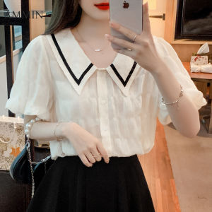 AMMIN เสื้อเชิ๊ตผ้าชีฟองสำหรับผู้หญิงเสื้อเบลาส์แขนหวานแต่งระบายวินเทจปกแขนสั้นใส่ฉบับภาษาเกาหลีฤดูร้อน