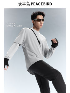 Peacebird Mens Long Sleeve T-Shirt Casual round Neck Spring Autumn Quick Dry Loose Fit Sporty Style Polyester Fiber T-Shirt