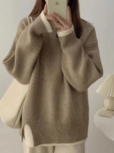 Womens Mid-Length Sweater Loose Fit Thickened Outerwear Korean Style Lazy Fashion Fake Two-Piece Knitted Shirt Spring 2024