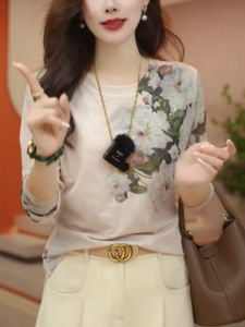 Elegant Floral Print Long Sleeve Womens Mesh Top Fashionable Base Layer Shirt Commute Style round Neck Regular Fit T-Shirt