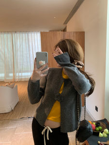 Imxiang Handmade Hooked Tea Rose Knitted Sweater Womens Spring Collision Color Fake Two-Piece 3D Floral Print Long Sleeve round Neck