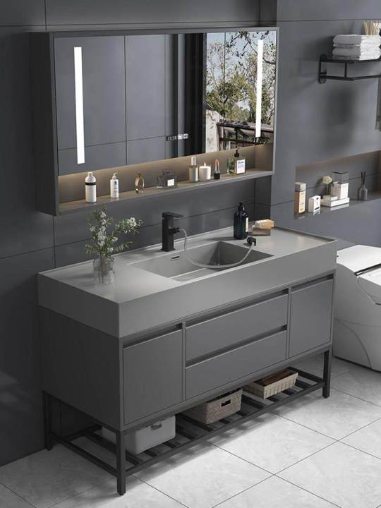 Intelligent Mirror Solid Wood Bathroom Cabinet Rock Integrated Basin ...