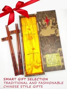 Hand-Carved Dragon & Phoenix Chopsticks Gift Set - 2 Pairs 9" Reusable Wooden Chopsticks with Box & Stand Elegant Asian Present