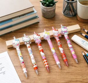 Sanrio | Hello Kitty Acrylic Gel Pen 0.5mm Cute Cartoon Press Pen with Sticker Kawaii Stationery for School Office 6pcs Set