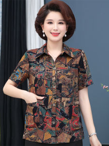 Middle-Aged and Elderly Womens Summer Shirt Grandma Short-Sleeved Artificial Cotton Shirt Elderly Ladieswear Clothes Elderly Cotton Silk Tops