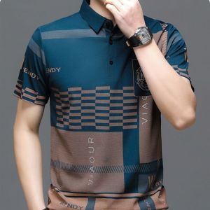 C.c Summer T Shirts for Men 2023 Short Sleeve Turn-down Collar Letter Printing Button Striped Polo Tees Fashion Pullover Tops