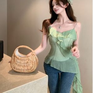 GUZILIAN | Shiny Gold Strap Top Fashionable Asymmetrical Design Pure Desire Style Versatile Summer Fashion Sweet Style 18-24 Years Old