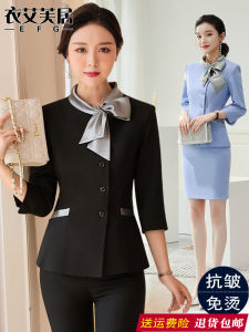 ผู้หญิง ธุรกิจ ชุดสูท ชุดผีเสื้อ โบว์ แขนกลาง ทันสมัย ชุดทํางานสําหรับร้านเสริมสวยโรงแรมแผนกต้อนรับชุด