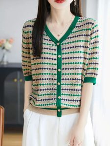 French Stripe Short Sleeve Womens T-Shirt 2025 New Loose Thin Ice Silk Knitted Top Summer Casual V-Neck Regular Fit Knitwear