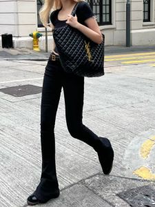 ผ้าขนแกะ Bootcut มีเส้น กางเกงยีนส์ ผู้หญิง พรางหุ่น กํามะหยี่บางอบอุ่น กางเกงขายาว สีดำ ล้าง ลำลอง กางเกงขายาว เอวสูง หนาขึ้น ยาวขึ้น