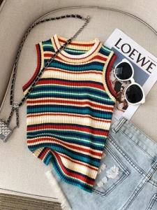 Áo Ba Lỗ Không Tay Ngắn Màu Sọc Băng Lụa Dệt Kim Cho Nữ Mùa Hè 2025 Áo Ba Lỗ Không Tay Dáng Ôm Vừa Vặn Thời Trang