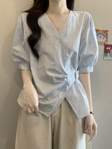 AIYITI | Slimming Large Size Blue V-Neck Short Sleeve Shirt for Women
