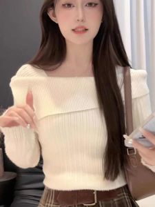Womens Slim Fit Knitted Sweater One Shoulder Style Inner Wear Base Shirt Soft Cozy Pure Desire Early Autumn Fashion
