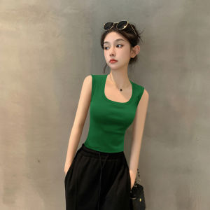 Slim Fit Square Collar Sleeveless Vest Womens Fashion Deep Green Color Summer New Arrival Casual Comfortable Breathable Top