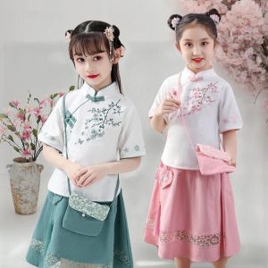 Childrens Hanfu Girls Short-sleeved College Style Ancient Costume Traditional Floral Embroidery Princess Skirt Set 2-11Years