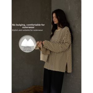 Cotton Chest Pad Integrated Long Sleeve Long Pants Striped Round Neck Pajamas